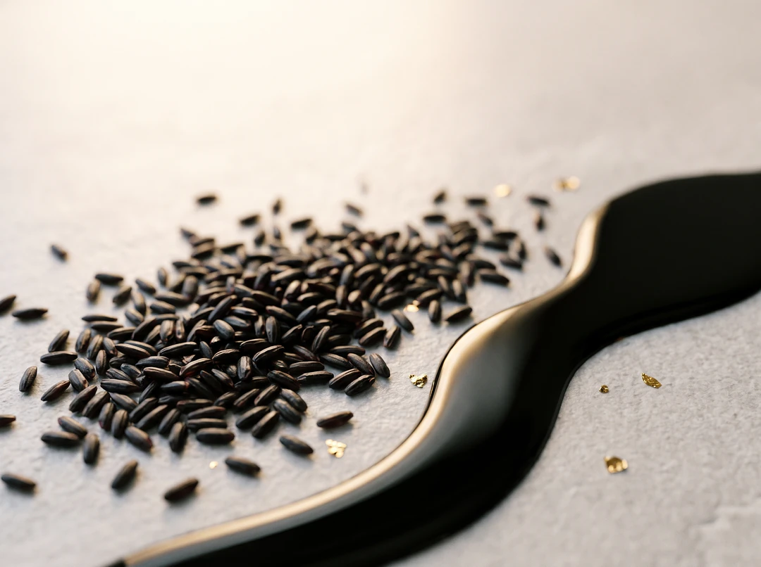 Black rice grains scattered beside a glossy ribbon of black oil flecked with gold