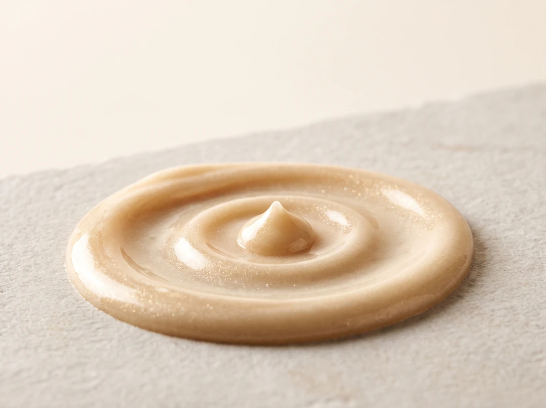 A glossy swirl of pearlescent honey milk with a single drop landing at its center
