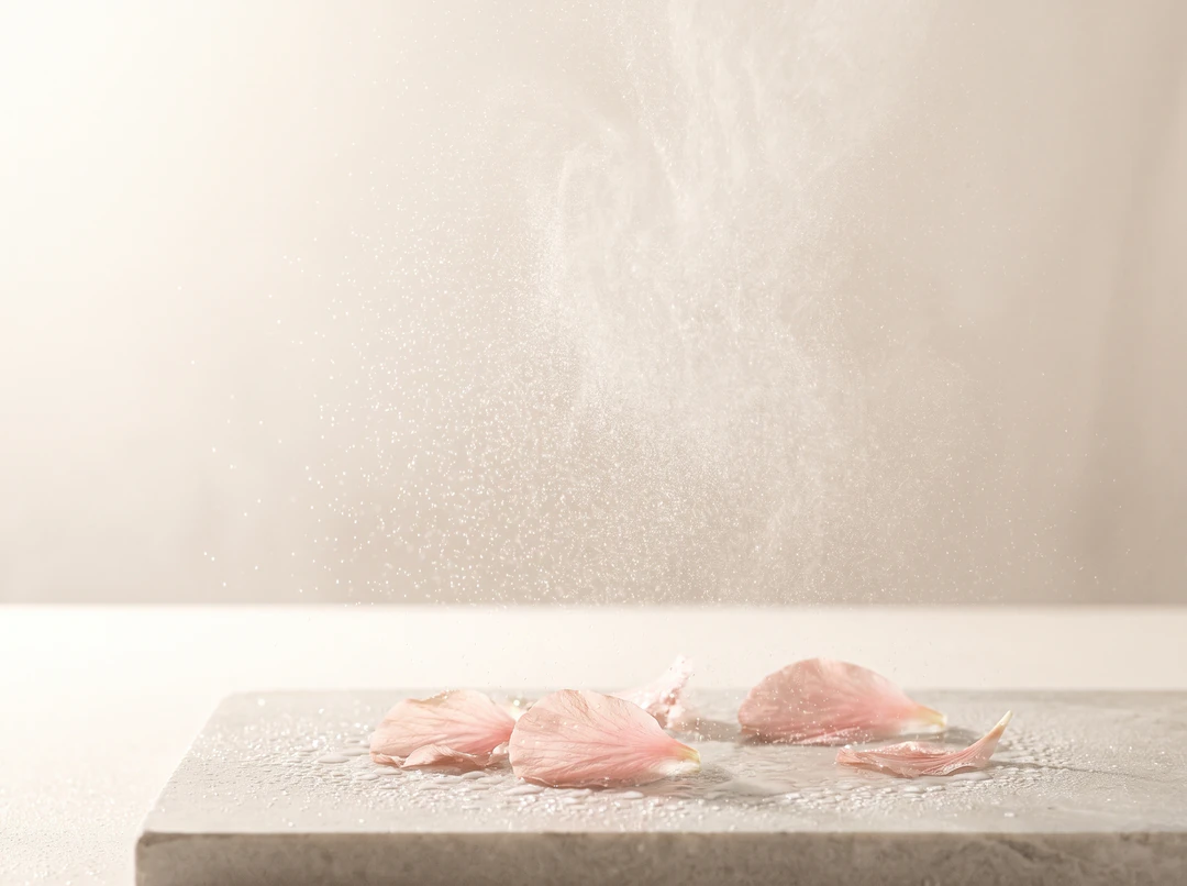 A fine veil of mist hanging in warm light above pale stone with hibiscus petals